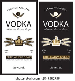 collection of vodka labels with royal crown and ears of wheat in retro style
