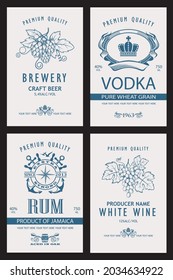 collection of vodka, wine, beer and rum labels isolated on black background