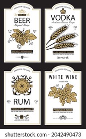 collection of vodka, wine, beer and rum labels isolated on white background