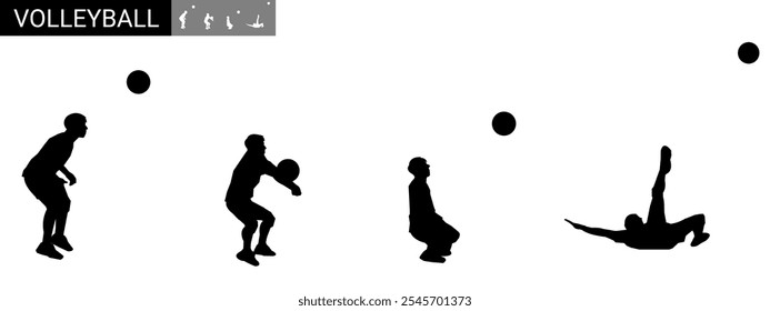 Collection of volleyball athletes. Vector silhouette. Different poses.