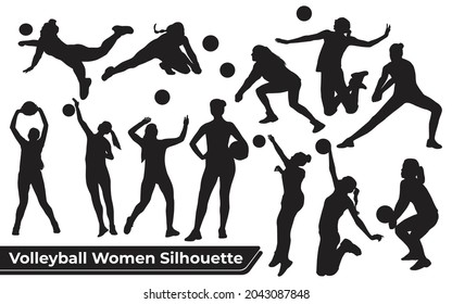 Collection of Volleyball Player Woman silhouettes in different poses