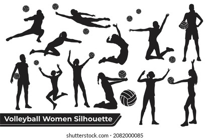 Collection of Volleyball Player Woman silhouettes in different poses