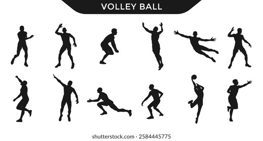 Collection of volleyball players silhouettes in various action poses