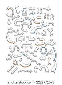 Collection of Volumetric Comic Arrows. Hand Drawn Pointers.