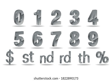 Collection of volumetric shiny & Silver numbers and percent sign. Modern Vector illustration