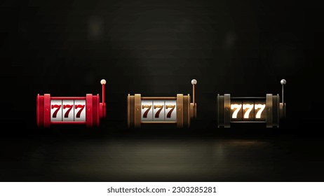 Collection of volumetric slot machines with jackpots isolated on dark background for your arts. Red, gold and black slot machines