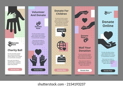 Collection volunteer and donate vertical landing page internet poster template vector illustration. Set assistance charity human arms with heart silhouette promo advertising. Donation campaign ads