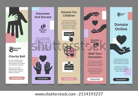 Collection volunteer and donate vertical landing page internet poster template vector illustration. Set assistance charity human arms with heart silhouette promo advertising. Donation campaign ads