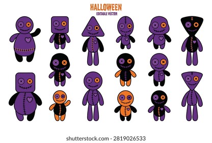 A collection of voodoo doll vector illustrations featuring purple and black coloring with stitched details. These are flat cartoon-style figures.
