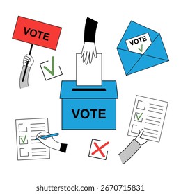 Collection of voting and election icons in flat style. Concept of democracy, political choice, referendum, online and offline elections.