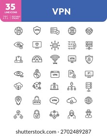 A collection of VPN icons including security shields, locked devices, network connections, and anonymous figures, representing online privacy and data protection.