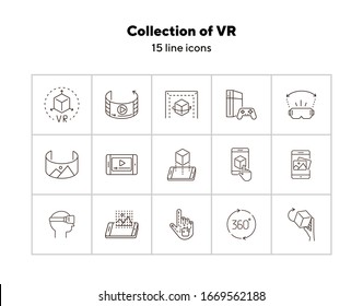 Collection of VR icons. 360 degrees, robotic hand, man in VR glasses. Virtual reality concept. Vector illustration can be used for topics like VR, modern technologies, inventions