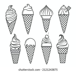 Collection of waffle cone ice creams outline for coloring book.Line art design for kids coloring page. Vector illustration. Isolated on white background