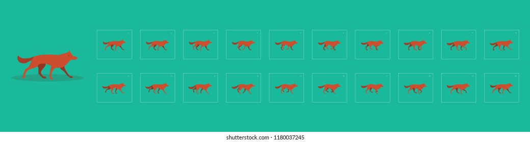 Collection of walking dogs. Red angry animal with  tail. Animation picture with different creature movements. Actions. Speed. Simple cartoon style. Side view. Flat design. Vector