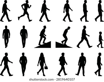 A collection of walking people silhouettes featuring men, women, children, running, climbing, and side-view poses isolated on a white background. Perfect for presentations, urban planning, architecture, graphic design, infographics, websites, and commercial creative projects.A collection of walking people silhouettes featuring men, women, children, running, climbing, and side-view poses isolated on a white background. Perfect for presentations, urban planning, architecture, graphic design, infographics, websites, and commercial creative projects.