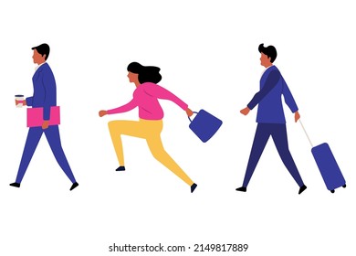 Collection of walking and running characters. Colorful flat illustration