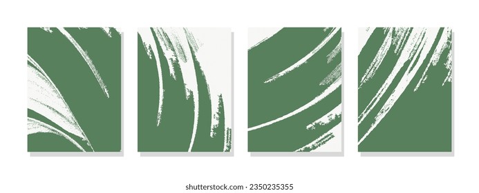 A collection of wall art of green brushstrokes on white canvas, evoking soothing natural landscapes. Ideal for wall art, covers, wallpapers, banners, flyers, cards, posters and decorations.