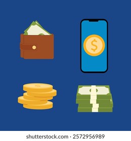 collection of wall with banknote, mobile banking, stack of coin and stack of banknotes illustration