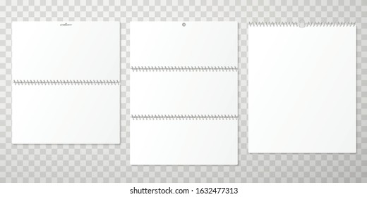 Collection of wall calendar design mockups with blank pages and spiral binding. Set of office reminder templates with empty paper sheets. Modern monochrome vector illustration for corporate branding.
