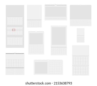 Collection Wall Calendar Realistic Template Vector Illustration. Set Open Hanged Schedule With Spiral And Frame Field Cells For Daily Organizing Reminders. Paper Organizer Planner Weekly Monthly Page