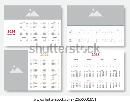 Collection of wall calendars oft 2024 with space for image, plus yearly calendar of 2025, week starting monday