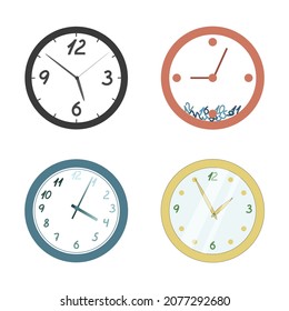 Collection wall clock different colors. Icons clock in flat vector style. Set of cartoon style office hours. Isolated on white background.