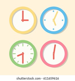 Collection Wall Clock Patterns. Icons Clock In Flat Vector Style. Set Of Multi-colored Office Hours