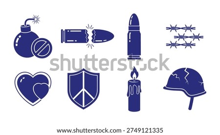 Collection of war and peace symbols including bomb, bullets, barbed wire, hearts, shield, candle, and cracked helmet vector.