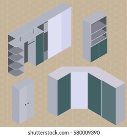 collection of wardrobes in isometric view. vector