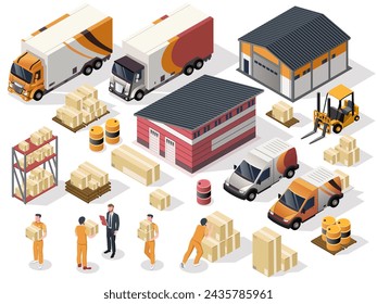 Abholung der Lagerladungs-Ausrüstung, Frachtgeschäft Lieferung, Containerlager, Satz Gabelstapler, Arbeiter, Kistenpaket, LKW, Palette. Isoliert auf weißem Hintergrund. Darstellung eines isometrischen Vektors