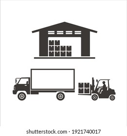 A Collection Of Warehouse Icon, Truck Icon And Forklift Icon.