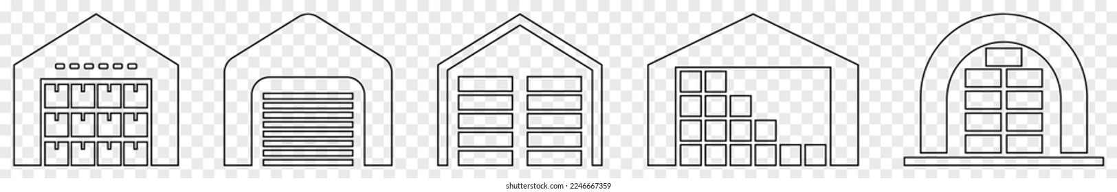Colección de iconos de línea de almacén. Ilustración del vector aislada en fondo blanco
