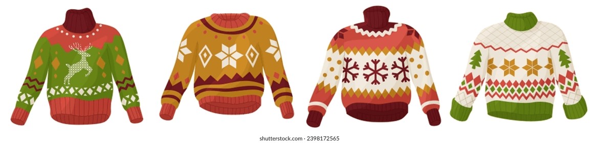 Collection of Warm autumn knitted sweaters with colorful prints. Christmas clothes. Late autumn or winter. Festive mood. Vector illustration isolated on white background.