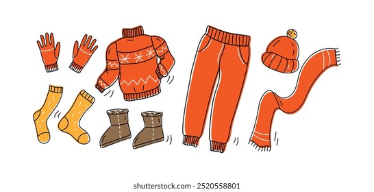 Collection of warm, cozy clothes and shoes. Cold season, autumn, winter. Vector illustration drawings, doodles on a white background for a postcard, banner.