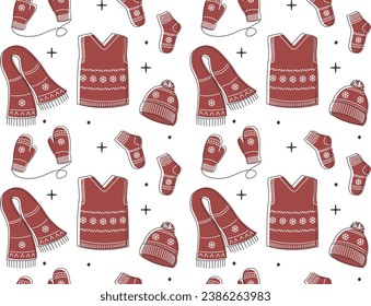 Collection of warm cozy clothes. Winter accessories Seamless pattern. Vector illustration in doodle style