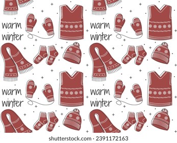 Colección de ropa cálida y acogedora. Accesorios de invierno Patrón sin inconvenientes con inscripciones cálidas de invierno. Ilustración vectorial en estilo doodle