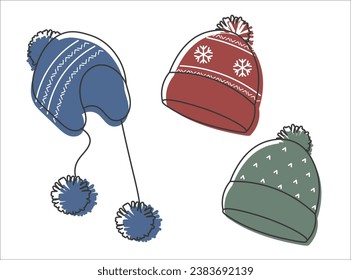 Collection of warm cozy hats. Vector illustration