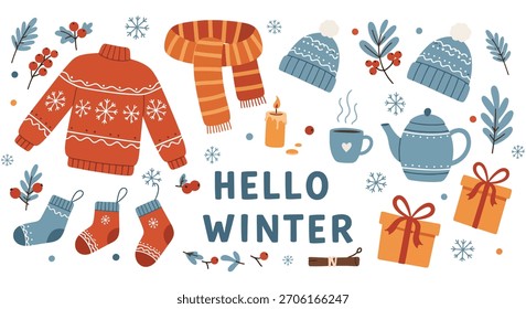 Una colección de ropa cálida de invierno, regalos festivos y una taza de té humeante, celebrando la temporada.