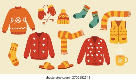 A collection of warm winter apparel including sweaters, scarves, mittens, hats, socks, and slippers, perfect for staying comfortable in the cold.