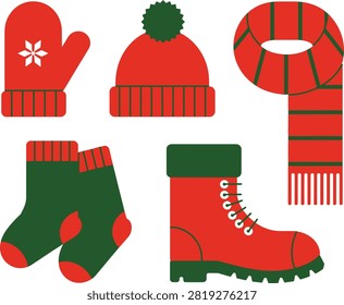 A collection of warm winter clothing items in red and green, including a mitten, hat, scarf, socks, and boot, ideal for cold weather themes.