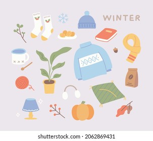 A collection of warm winter objects. flat design style vector illustration.