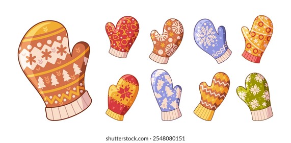 Collection warm woolen winter mittens, casual knitwear for seasonal cold weather with xmas prints
