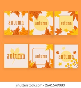 A collection of warm-colored autumn leaf frames and borders, perfect for designing seasonal flyers, cards, and social media posts. The set includes different leaf shapes and rich orange, yellow,