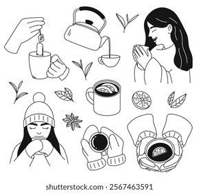 Collection of warmth, drinking hot tea. Linear illustration