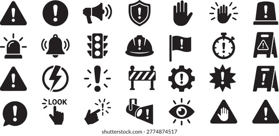 Collection of warning and attention icons in black and white, suitable for safety signs, alerts, notifications, and informational graphics.