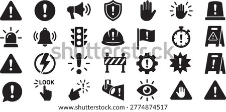 Collection of warning and attention icons in black and white, suitable for safety signs, alerts, notifications, and informational graphics.