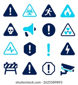 Collection of Warning and Caution Signs Icons for Safety, Security, and Hazard Communication