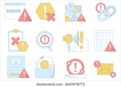 Uma coleção de ícones de aviso. Encontrado um erro, Cuidado, aviso de cuidado, perigo, diagnóstico de erro. aviso no computador. etc.