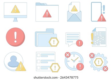A collection of warning icons. Found an error, Beware, caution warning, danger, error diagnosis. warning on the computer. etc.