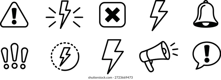 Colección de iconos de advertencia y notificación que simbolizan alertas y atención en una interfaz digital	